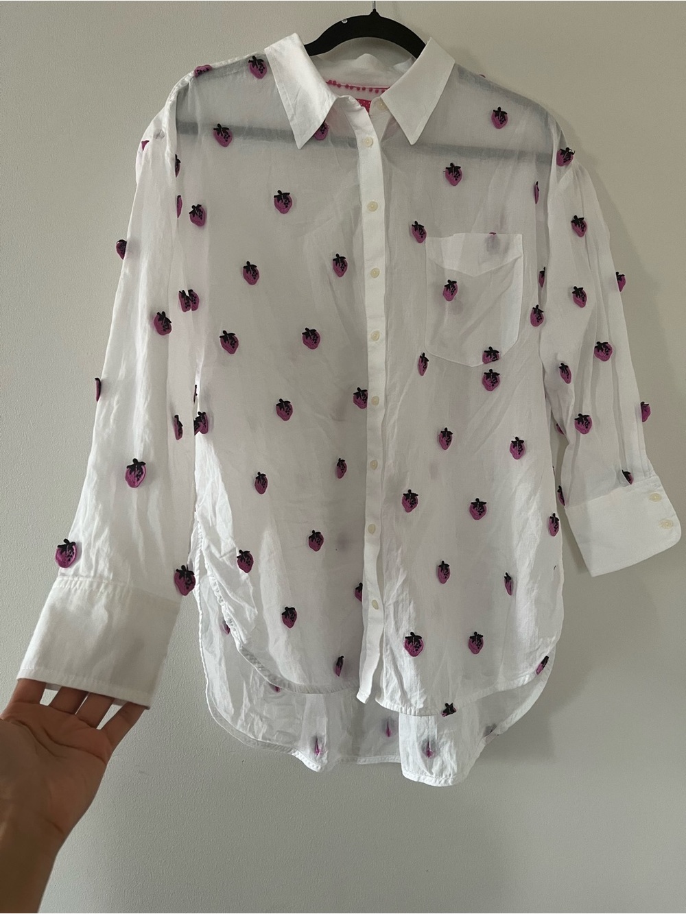 Anthropologie White Pink Strawberry Embroidered Button Down Top Small Cottage - Picture 2 of 7